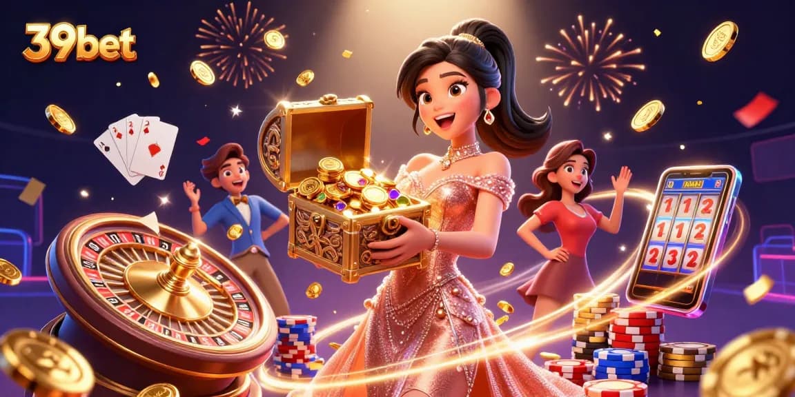 Experience the excitement of 39bet with a stunning treasure scene featuring casino elements and sparkling wealth.