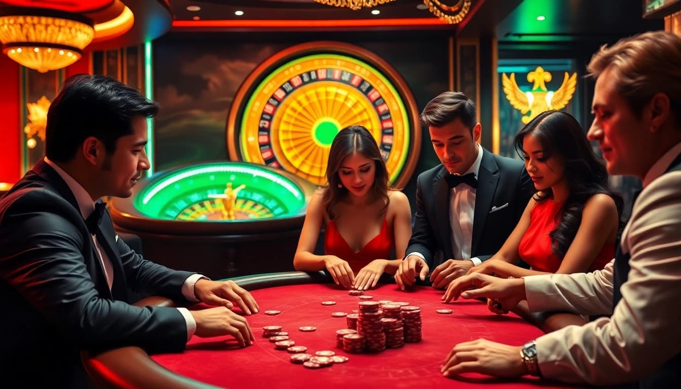 Players at a Mocbai casino enjoying a strategic poker game amidst vibrant lights.