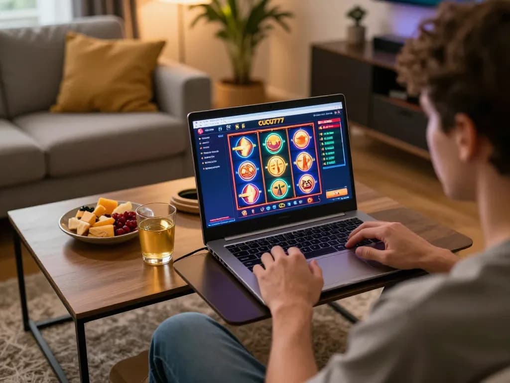 Engaging with CUCU777 online gaming, vibrant slot interface displayed on laptop in a cozy living space.