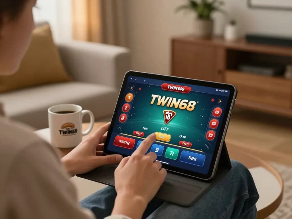 TWIN68 player engaging with live dealer blackjack on tablet, cozy home atmosphere with warm lighting