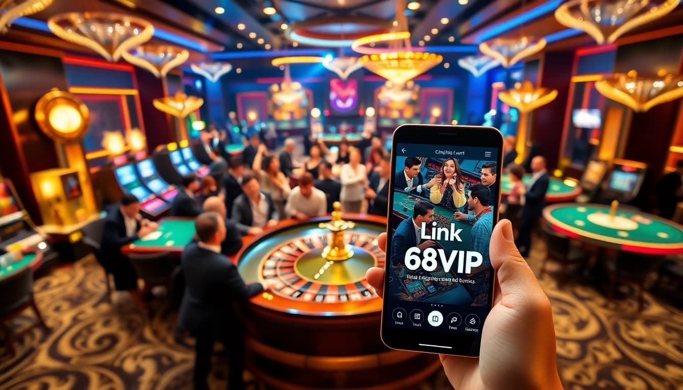 Engaging gamblers at a casino table with the Link Vào Nhà Cái 68VIP displayed on a smartphone, radiating excitement.