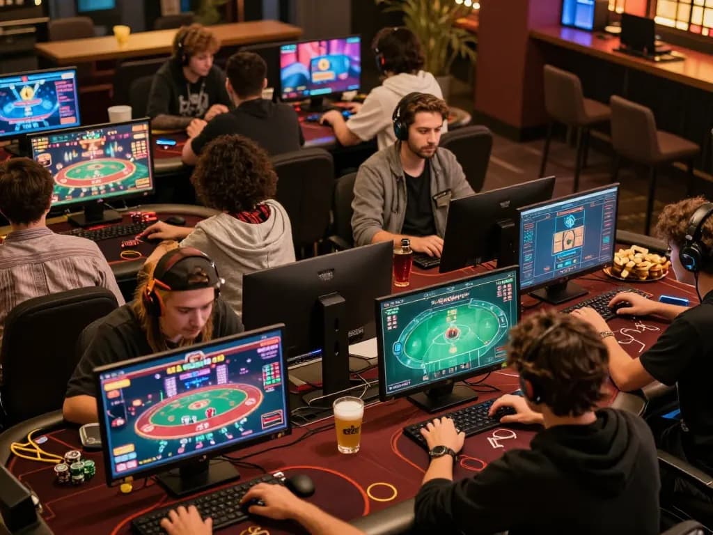 Players engaging with mb66 online casino games on multiple devices in a vibrant setting.