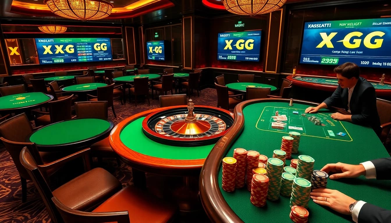 XXGG casino scene with vibrant tables and roulette wheel, emphasizing luxury and excitement.