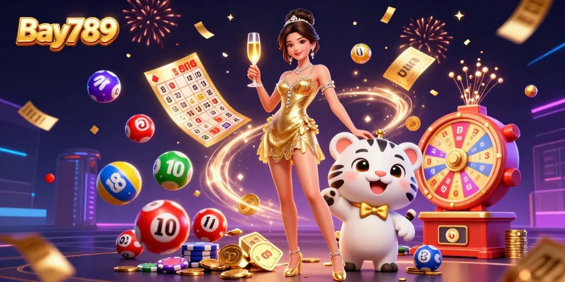Experience exciting wins with Bay789's premium gaming in a colorful, vibrant casino illustration.