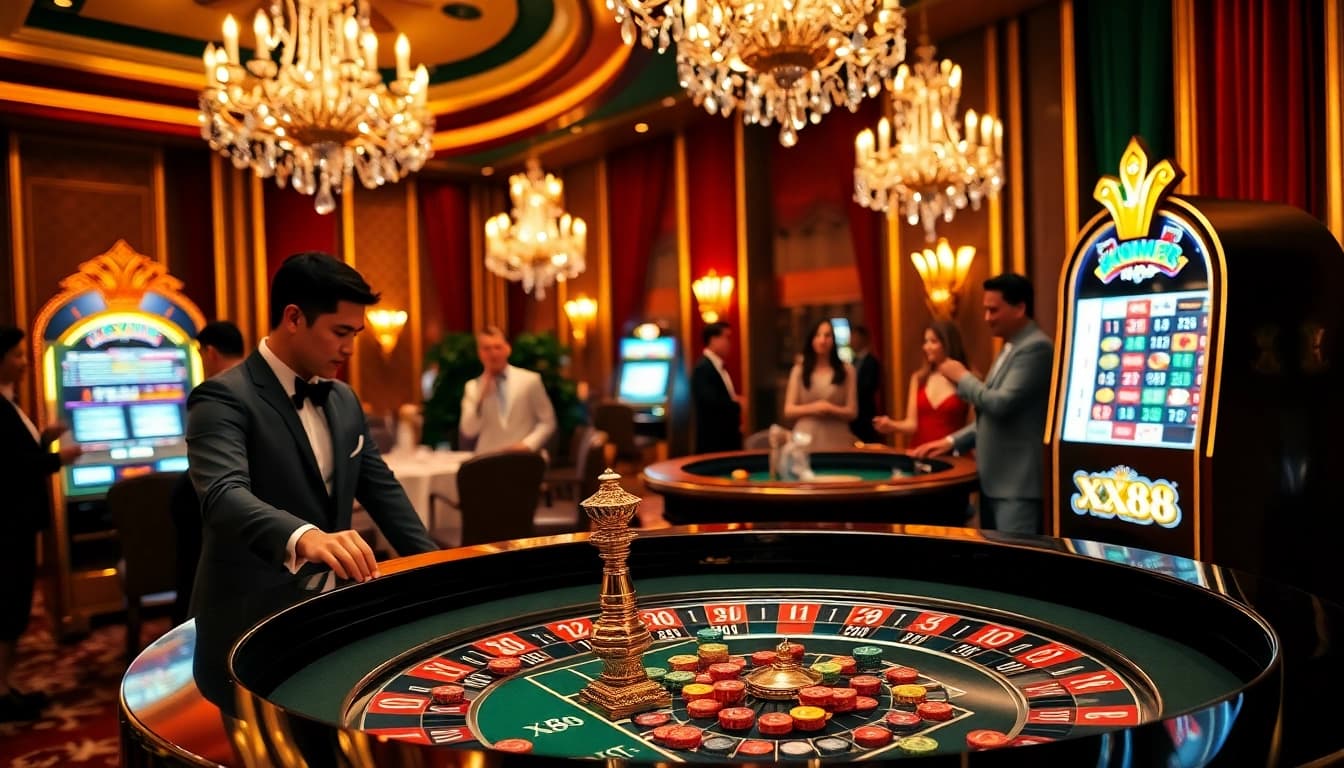 Experience the thrill of XX88 at a luxurious roulette table surrounded by eager gamblers.