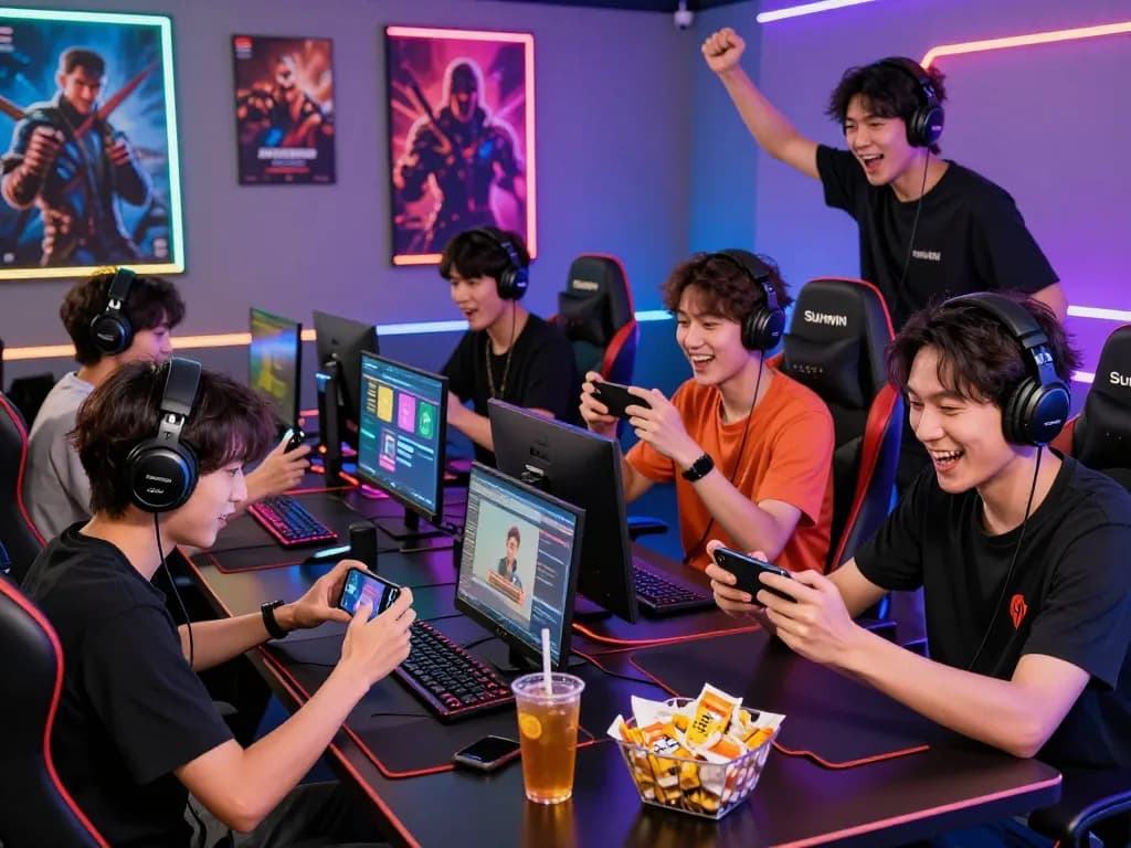 Players enjoying the Sunwin gaming experience with devices and exciting atmosphere.