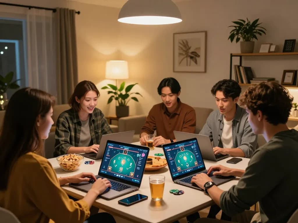 Friends enjoying an exciting game bài session online with strategy discussions and snacks visible.