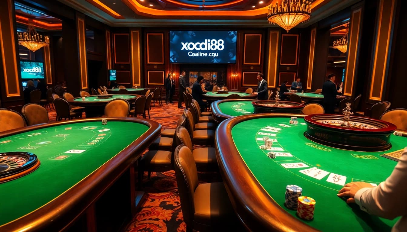 Xocdia88 casino scene showcasing luxurious poker tables and chips in an elegant atmosphere.