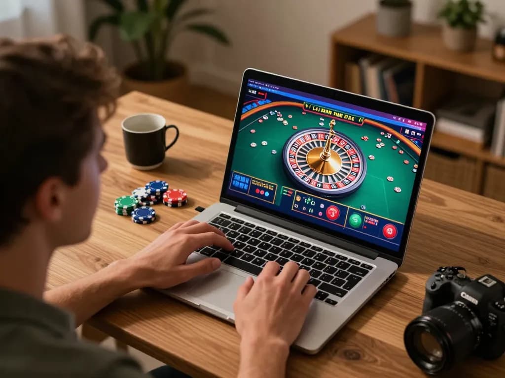 Player engaging with JUN88 online roulette game on laptop at home, showcasing vibrant graphics and strategic gameplay.
