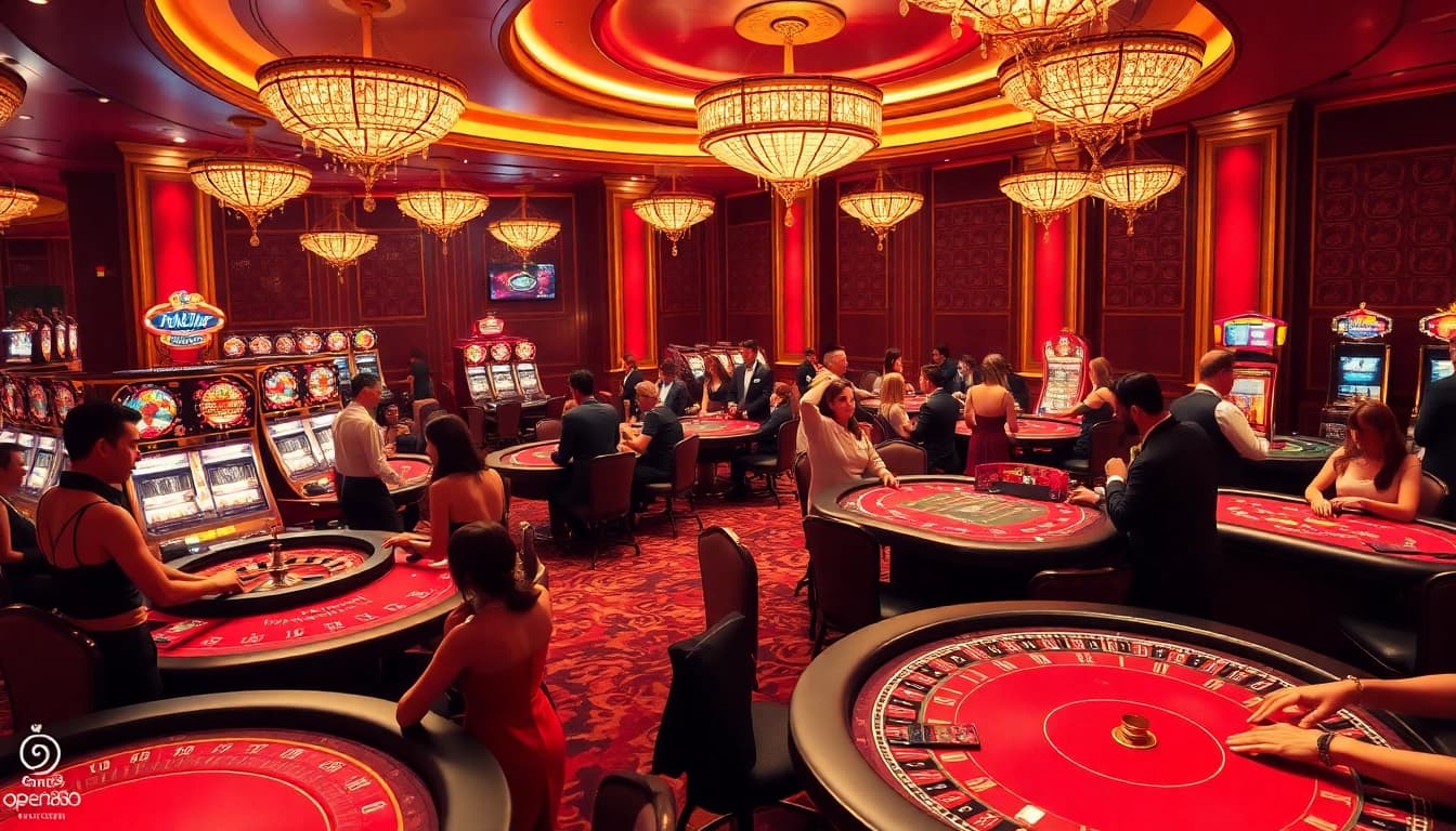 Excited players engage in lively games at open888, showcasing luxury casino gaming atmosphere.