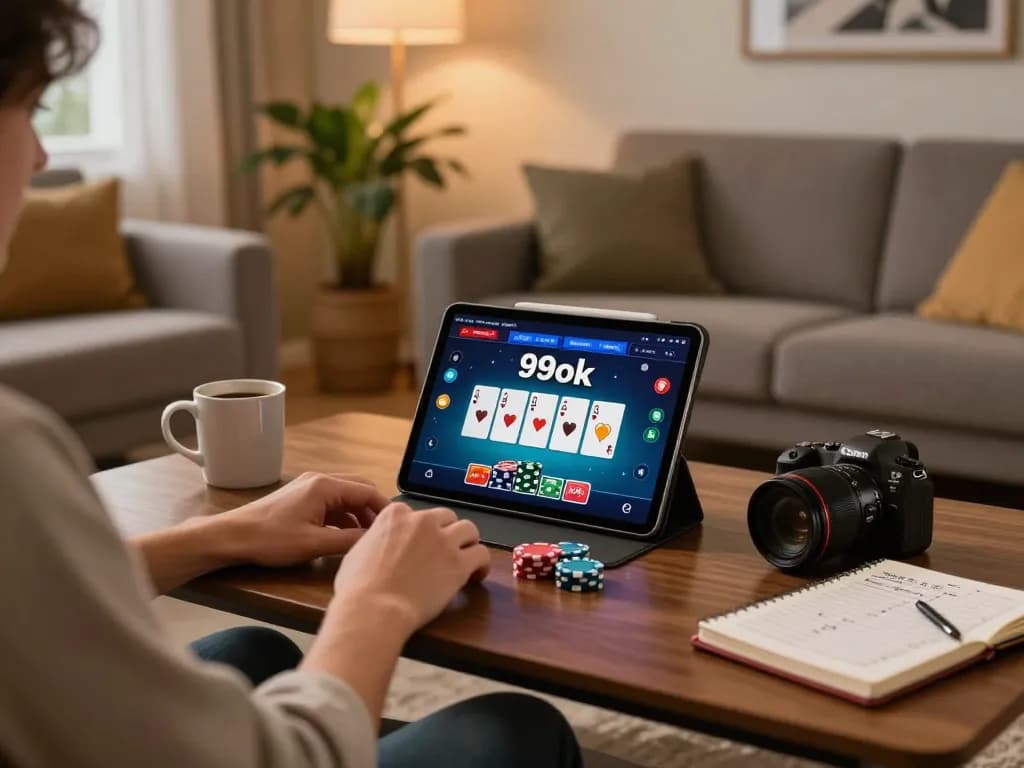 Player enjoying online poker on 99ok platform in modern home setting, showcasing lively gaming atmosphere.