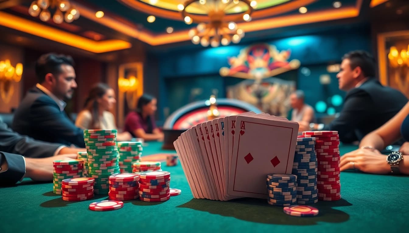 Exciting poker table scene featuring daga elements with vibrant chips and engaged players in a casino environment.