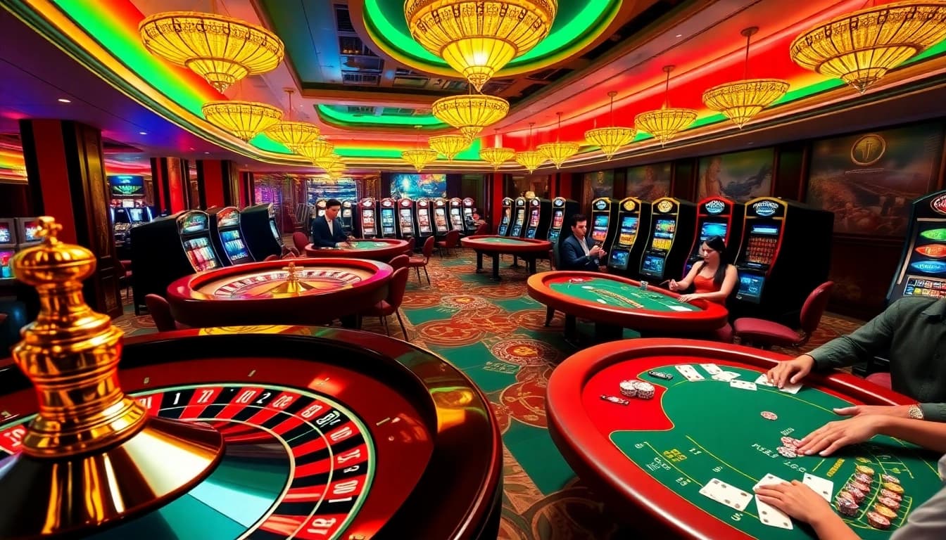 Experience the thrill of go88 with players at lively casino tables and vibrant slot machines.
