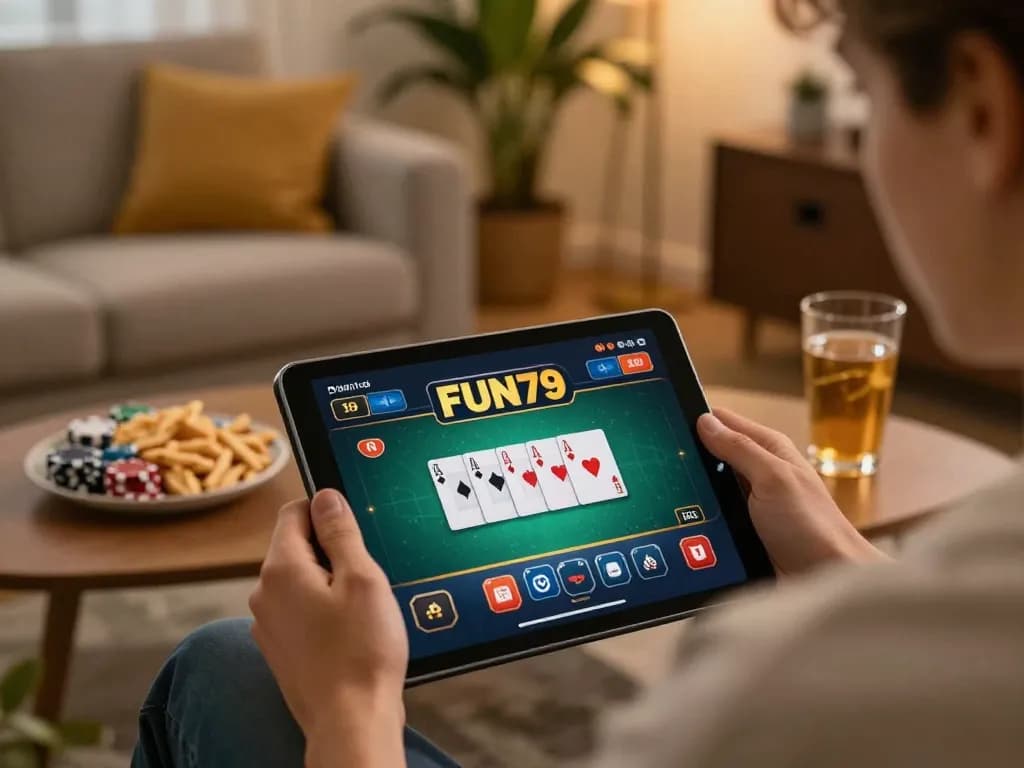 Engaging in online FUN79 poker gaming on a tablet at home with cozy ambiance