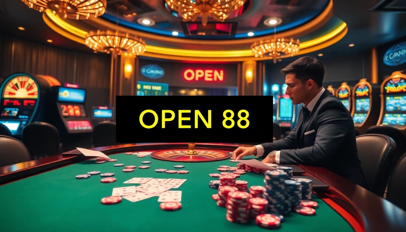 Exciting high-stakes poker table action at OPEN 88 casino, featuring colorful chips and cards.