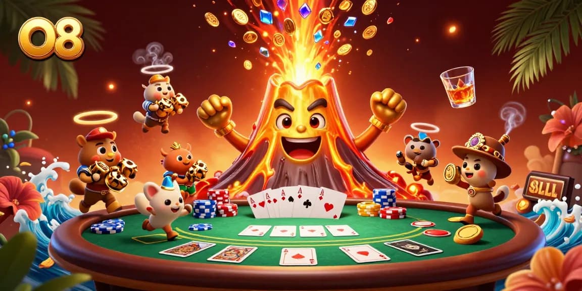 O8's vibrant casino scene shows a lively golden volcano erupting coins and prizes amidst poker elements.