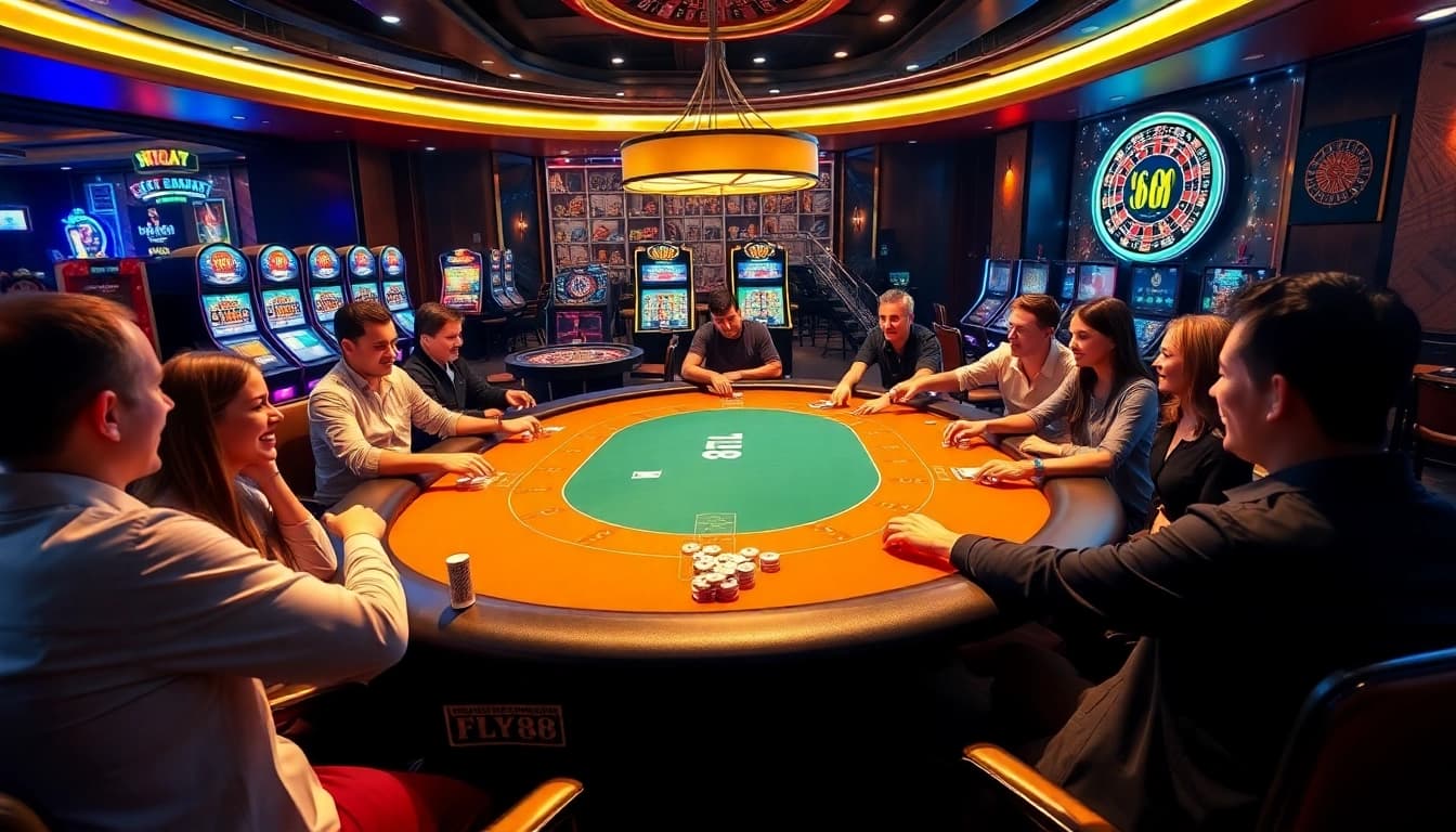 Players enjoying a high-stakes poker game at FLY88, surrounded by vibrant casino elements