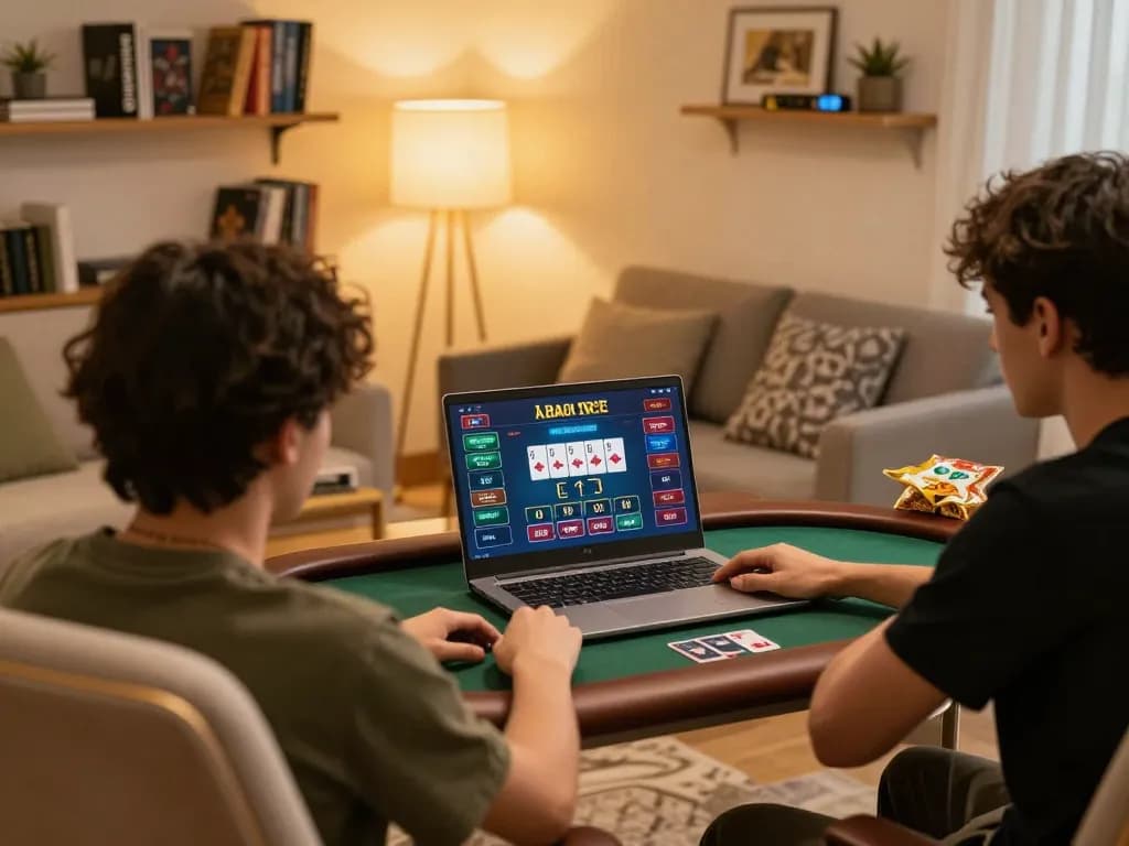 Player enjoying online poker on BK33 with a laptop in a cozy home setting.