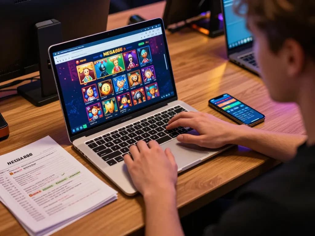 Engage with expert strategies in this MEGA888 Tutorial showcased through an immersive gaming setup.