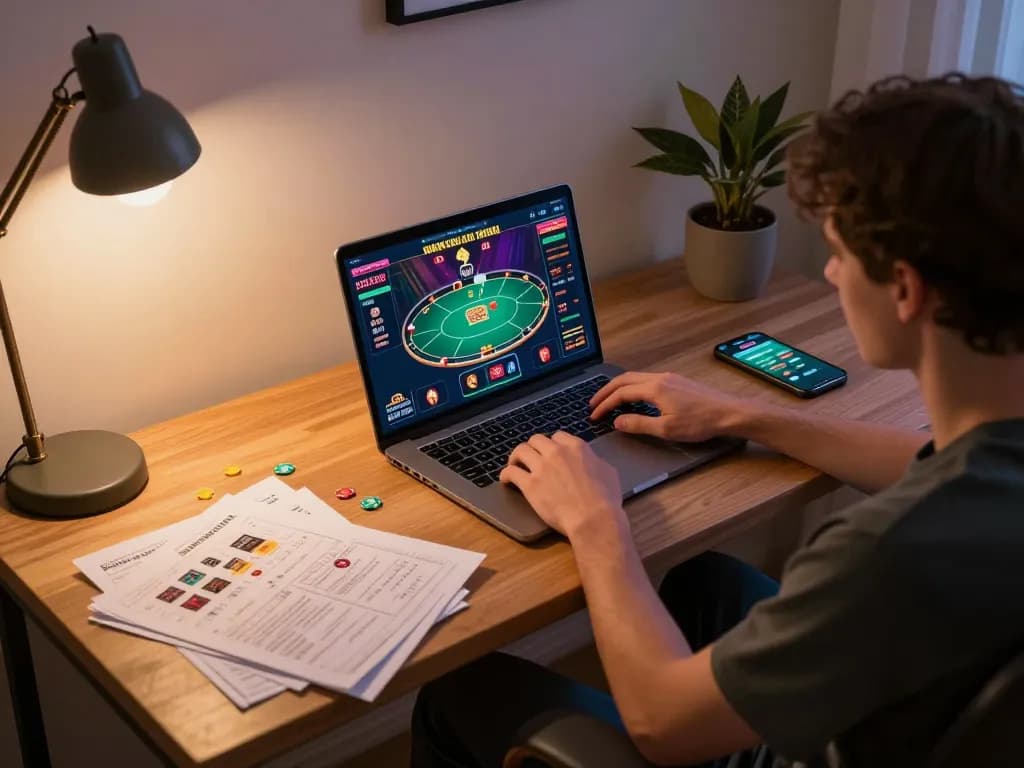 Player enjoying online casino gaming on a laptop at home, engaging with tr88 and strategy notes.