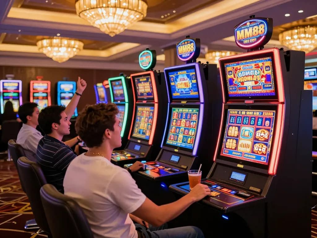 Players enjoying vibrant slot machines at MM88 casino, celebrating a jackpot win in an exciting atmosphere.