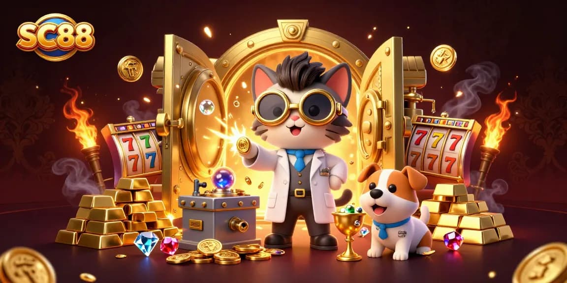 SC88 illustrates a vibrant gambling scene with a mad scientist cat creating gold while surrounded by slot machines and treasures.