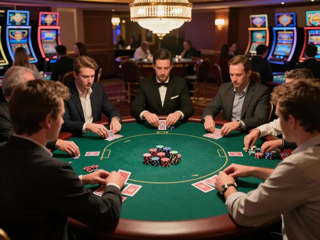 Engaged players at HELLO88 poker table strategizing their next move in a luxurious casino atmosphere.