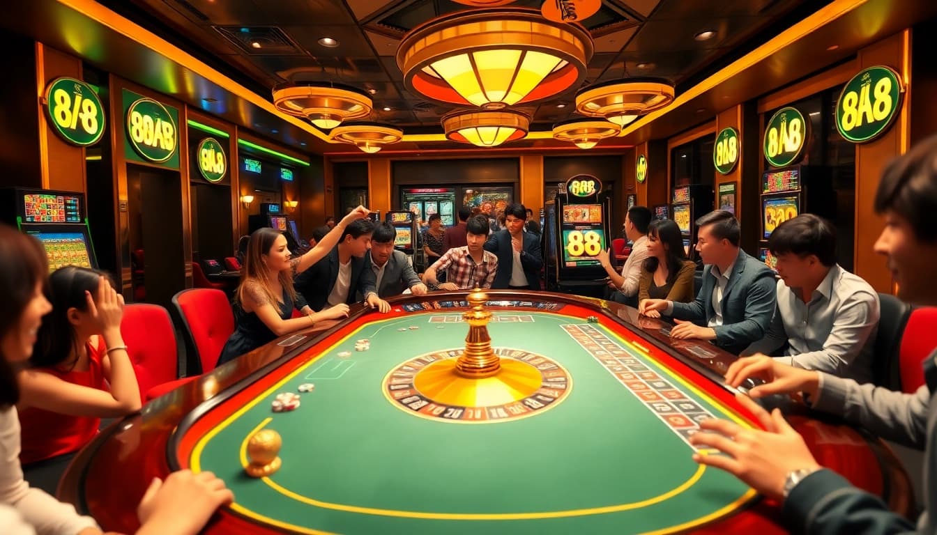 Players engaging at a lively casino table with lucky 88 features, capturing the excitement of gambling.