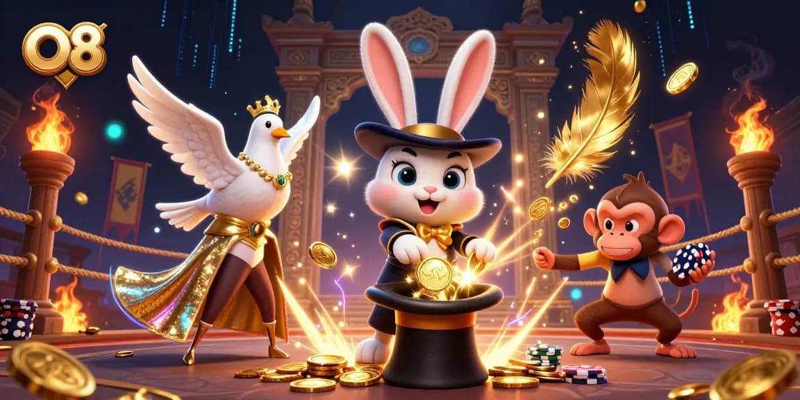 O8 presents a vibrant 3D scene featuring a magician rabbit revealing golden coins, engaging gamblers with excitement.