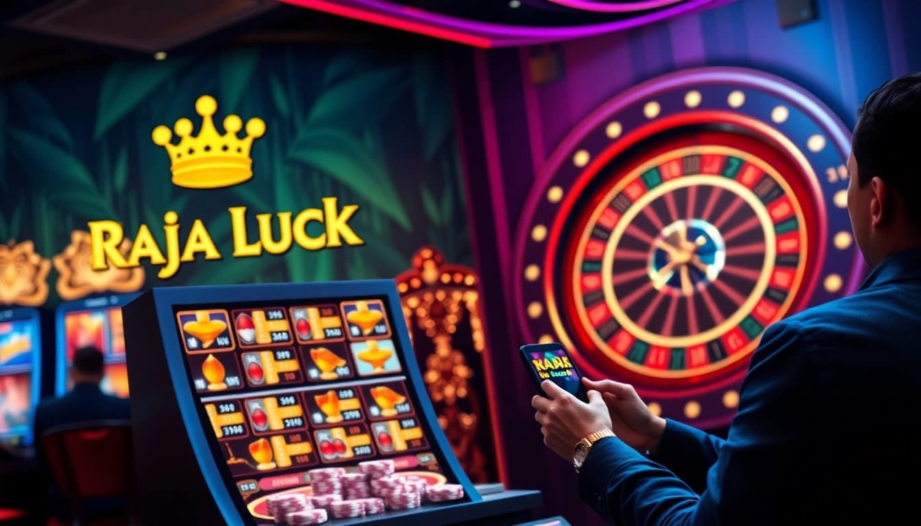 Raja Luck exciting online gambling scene with slot machines and poker chips in a luxury casino setting.