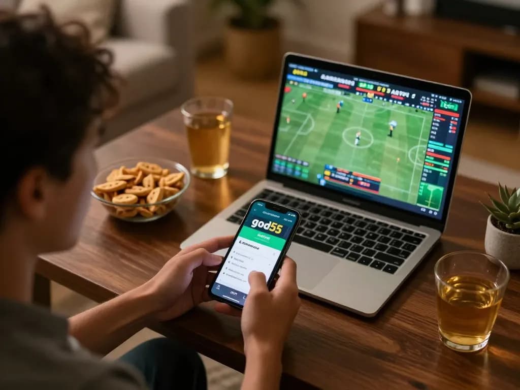 Person placing bets using the god55 app during an engaging sports event at home