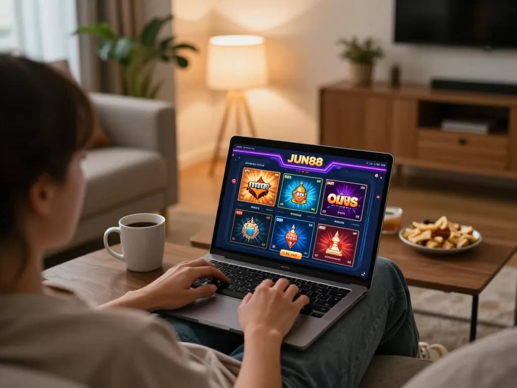 Player enjoying JUN88 online casino games on laptop in a cozy living room setting