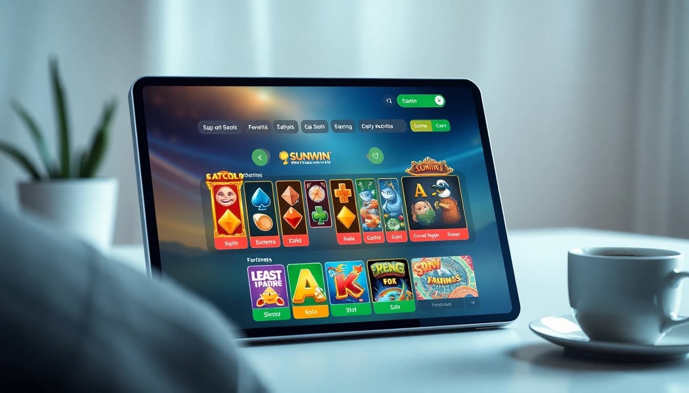 Sunwin online gaming platform showcasing vibrant game icons and friendly interface on a tablet.