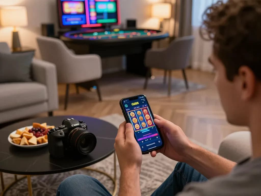 Player engaging with the GG88 app on a smartphone, showcasing colorful slots and poker tables in a cozy home setting