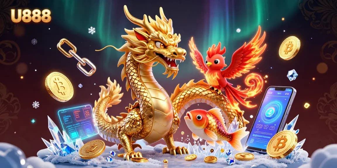 Engage with U888 through an action-packed scene featuring a dragon, phoenix, and koi fish amidst digital gambling elements.