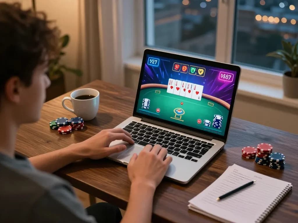 hb88 player strategizing during an online poker game on a laptop at home
