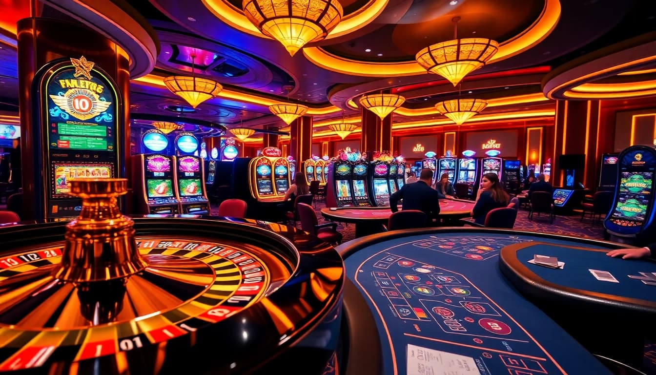 Experience the thrill of gaming at fun88.social with vibrant casino tables and glowing slot machines.