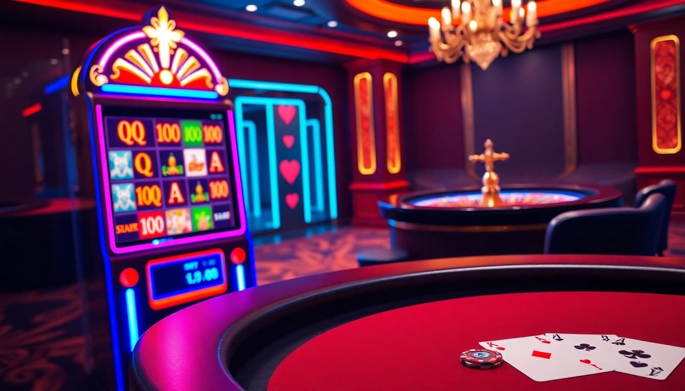 Experience excitement with QQALFA at a vibrant online casino featuring luxurious slot machines and poker tables.