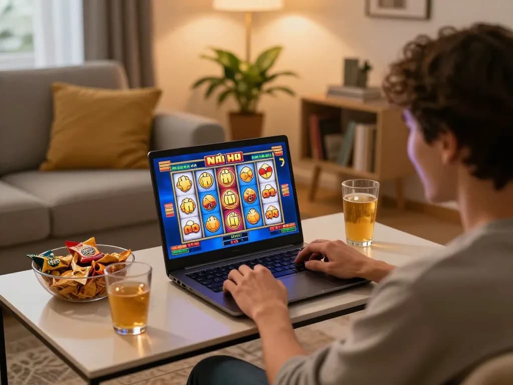 Exciting moment playing nổ hũ slots online at home with vibrant animations on screen.