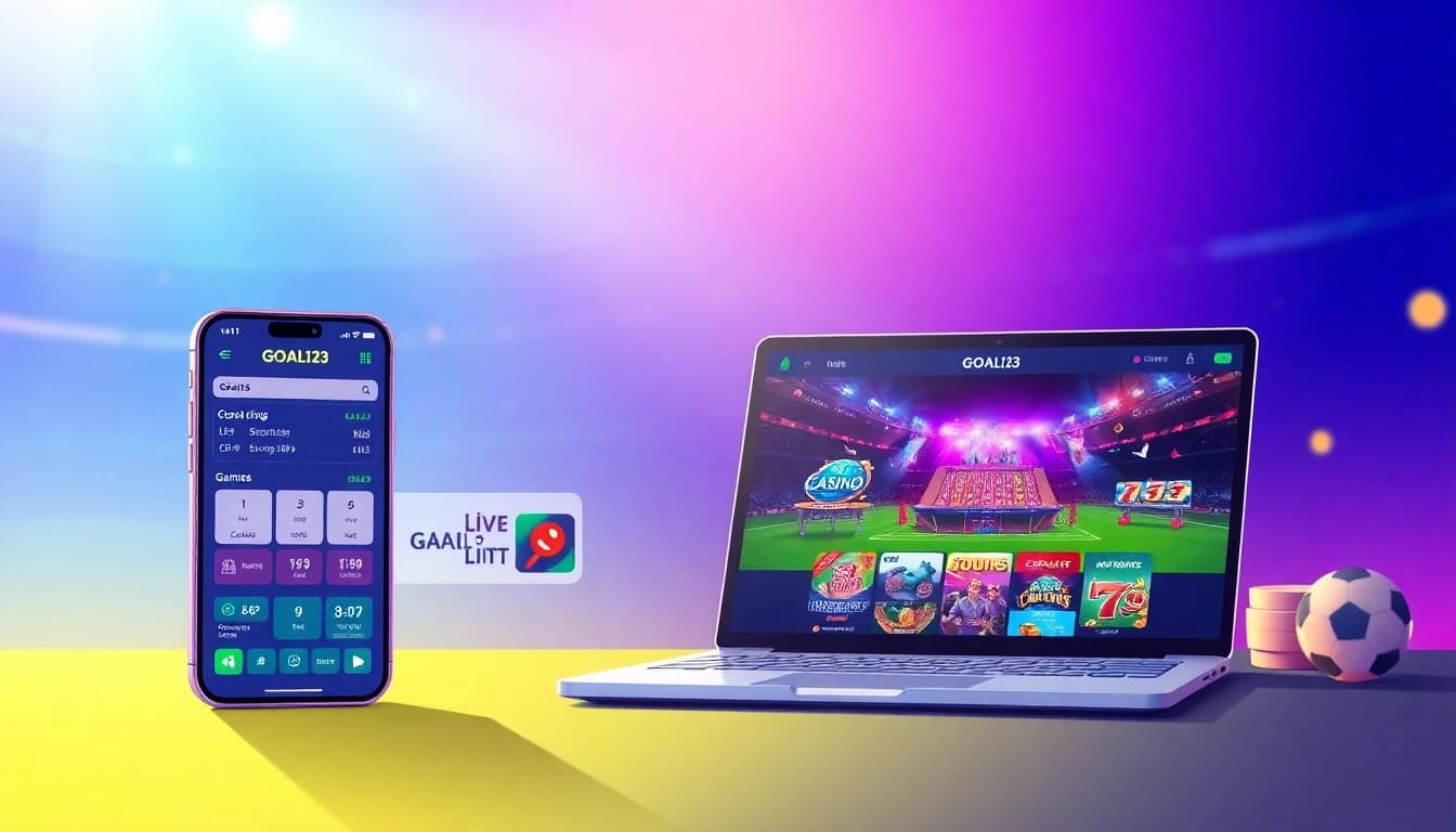 Experience the dynamic online gaming world of Goal123 with vibrant visuals of sports betting, casino games, and user-friendly interfaces.