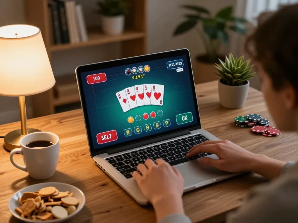 Nohu90 poker player enjoying an online game with vibrant interface in a cozy ambiance.