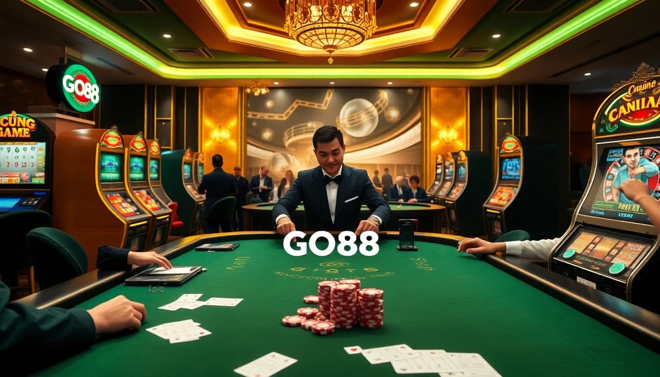 Cổng Game GO88 players engaging in high-stakes poker at a luxurious digital casino.