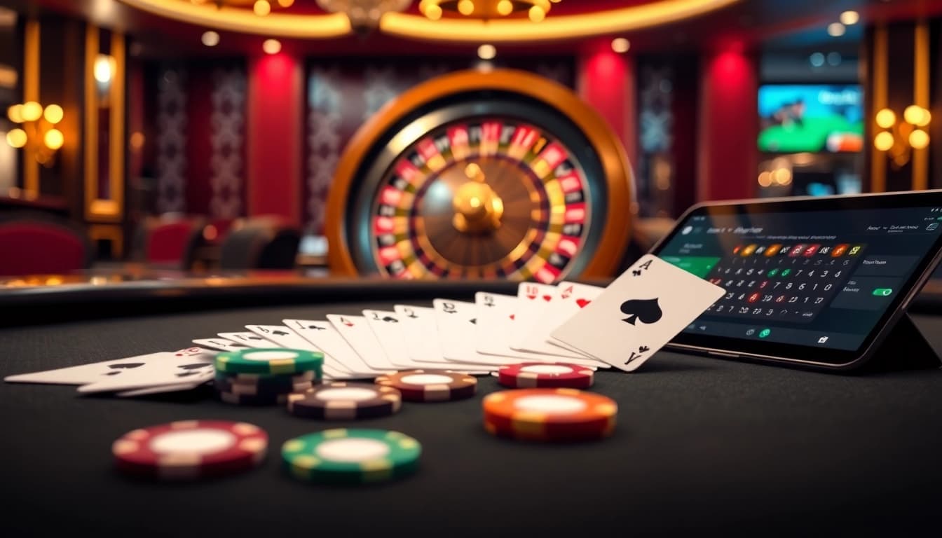 8KBET enticing gambling scene with luxury poker chips and cards on a stylish casino table.