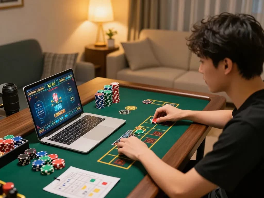 Tài xỉu online uy tín being played on a laptop with vibrant chips and strategy notes visible, showcasing a thrilling gambling experience.