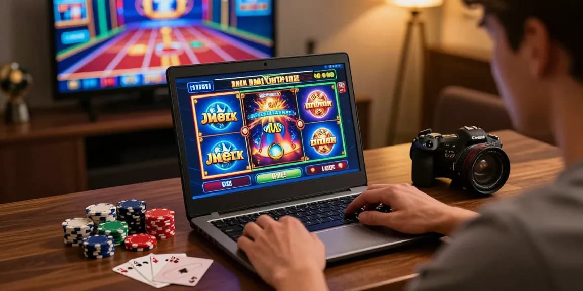 Online gambling experience at https://saintnicolasplace.co.uk with a player enjoying colorful slot games and casino ambiance.