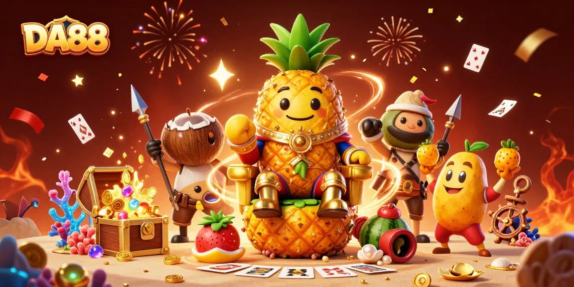 Engage in thrilling gameplay at DA88 with a 3D scene of a pineapple king and vibrant casino atmosphere.