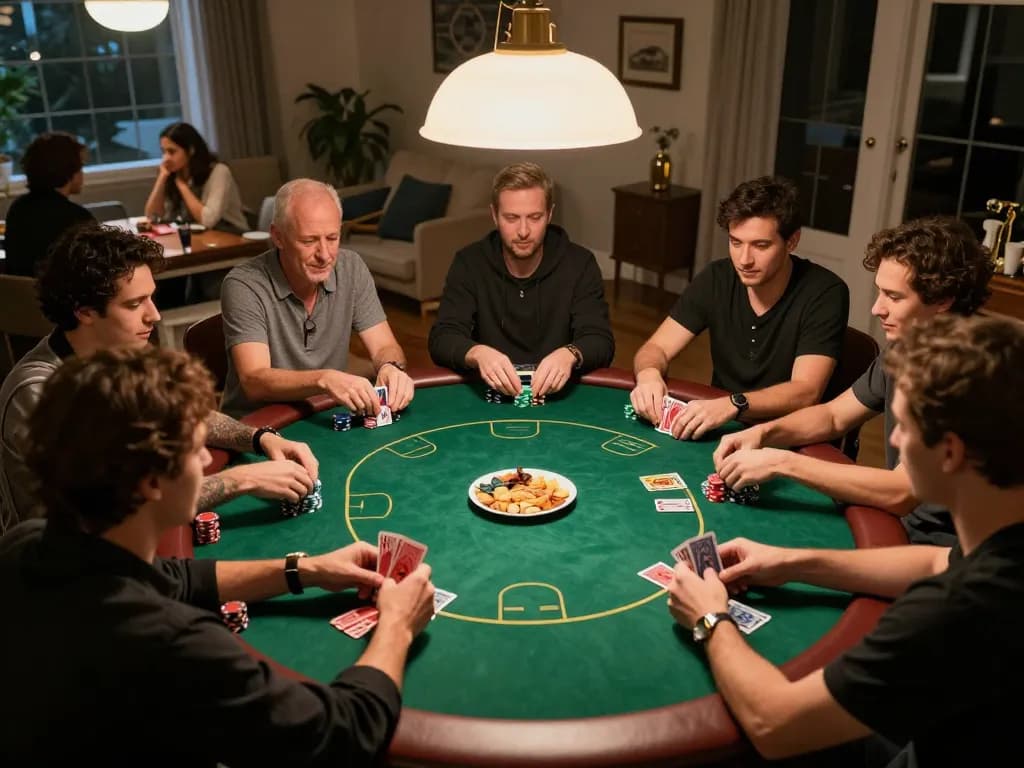 Rik88 home poker night capturing friends strategizing in an engaging game.