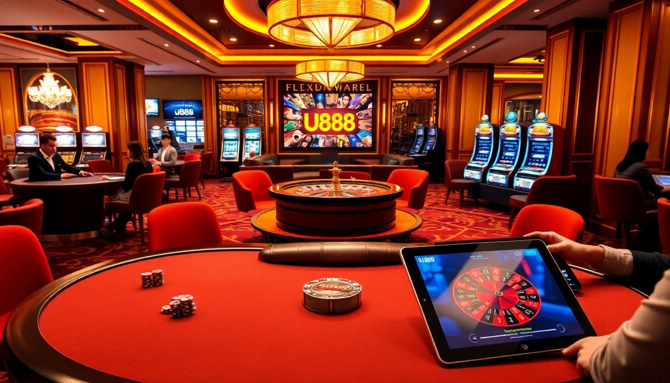 Experience the thrill of u888 gaming with luxurious casino tables, vibrant roulette, and intense players.