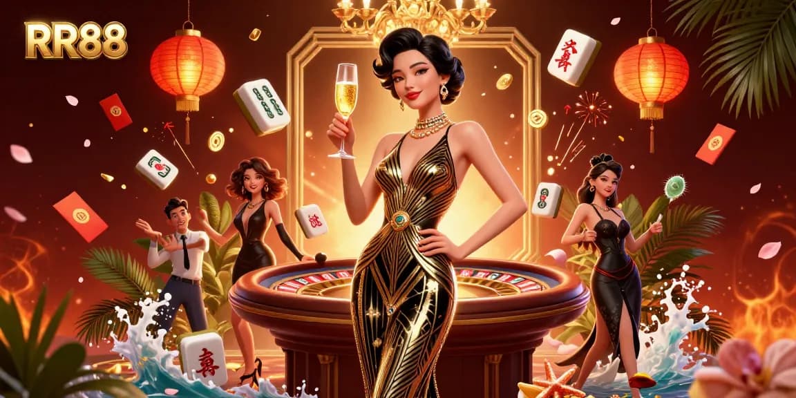 Play exciting games at RR88, featuring lavish casino décor and vibrant colorful elements.