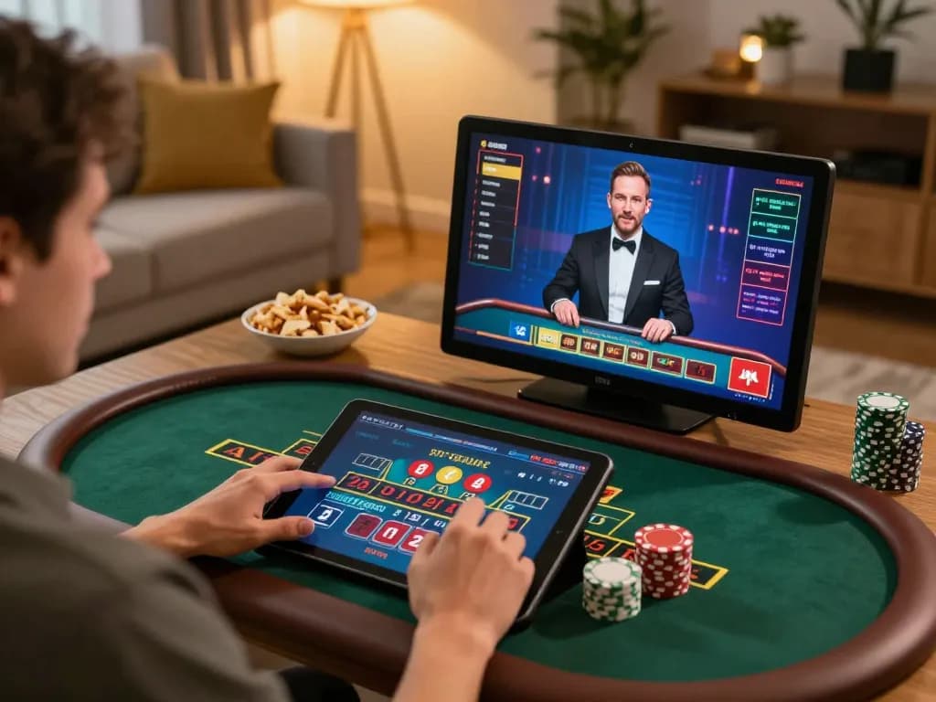 Engaging online gaming session at 3win with a player enjoying live dealer baccarat on a tablet.